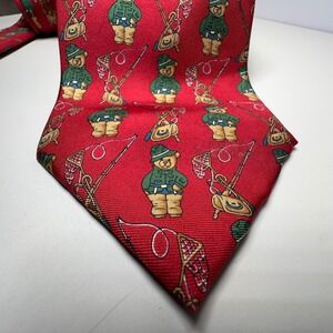 Vintage Fishing Teddy Bear Tie Red Silk Novelty Made USA Outdoor Sports Gorpcore